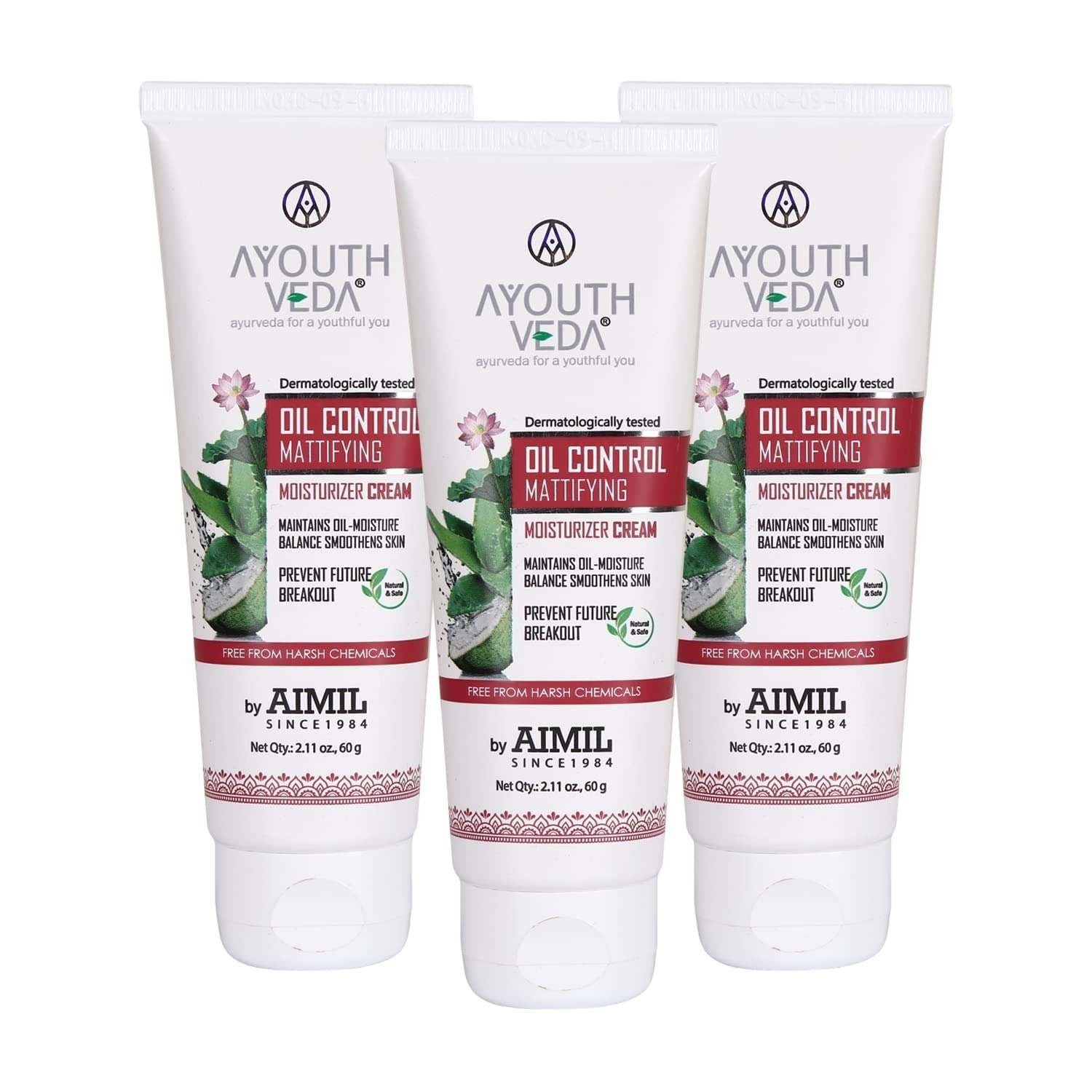 uk71hmlsH6SXL-1-1.jpg Ayouthveda Oil Control Mattifying Moisturizer Cream | Calms Skin Redness & Prevents Breakouts | Nourishes & Smoothens Skin With Green Tea, Aloe vera & Coconut Water (Pack of 3-60g each) - Fast UK Delivery - Image 1