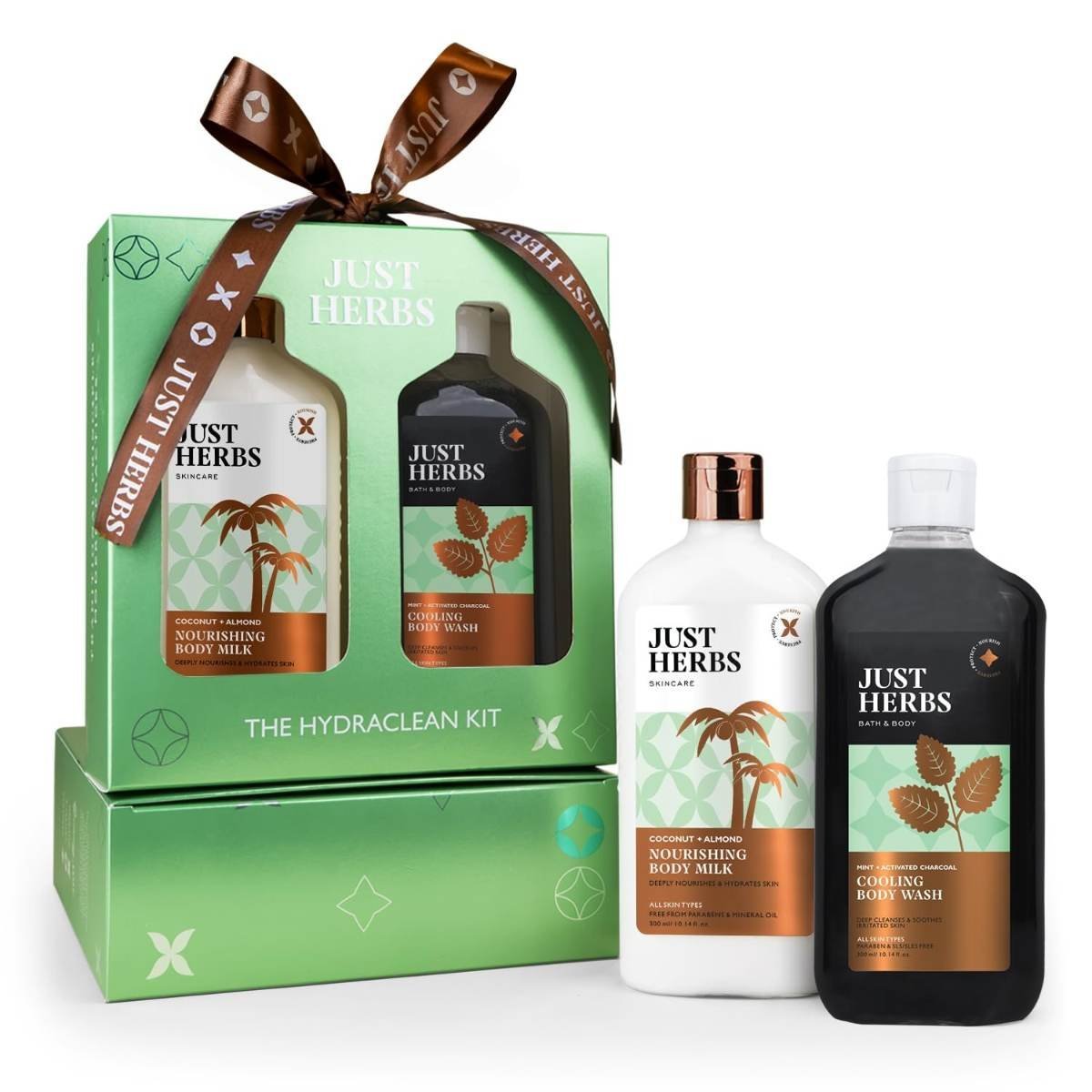uk71ijPDIQvmL-1.jpg Just Herbs Coconut Almond Body Milk And Charcoal Body Wash, Detox & Nourish Hydraclean Kit for Men and Women - Combo Gift Set (2 x 300ml) - Fast UK Delivery - Image 1