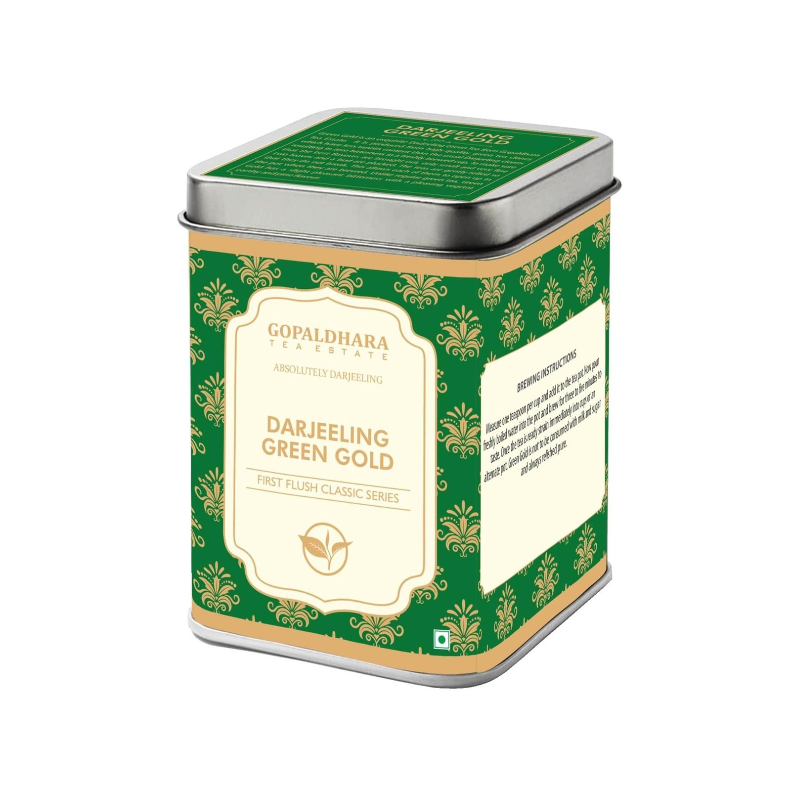 uk71j9s2x34IL-1-1.jpg Gopaldhara Darjeeling Fresh Mellow Green Gold Tea 100gms Tin Can - (Classic Series) FTGFOP1 Healthy & Smooth Whole Leaf Green Tea - Fast UK Delivery - Image 1