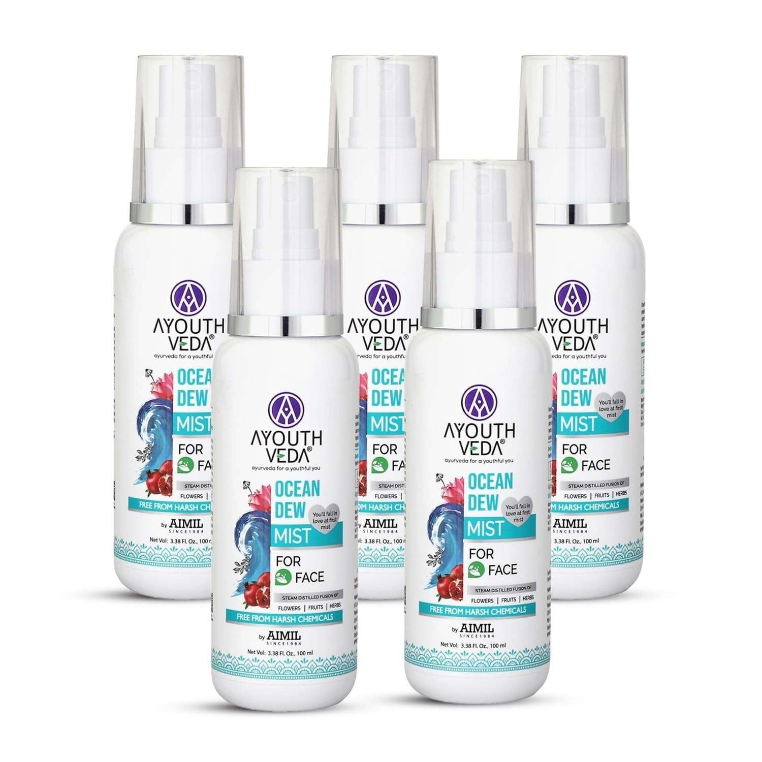 uk71koERND14L-1-1.jpg Ayouthveda Ocean Dew Mist | Flowers, Fruits & Herbs Distillates Mist | Instant Hydrates & Refreshes The Skin | Work As Makeup Setter | Free From Chemical (Pack Of 5-100ml each) - Fast UK Delivery - Image 1