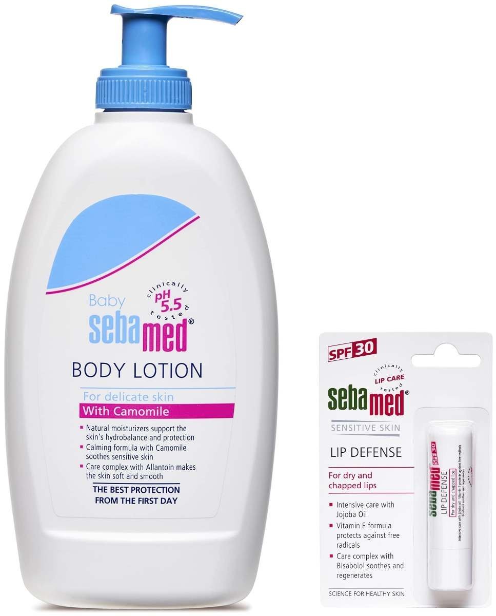 uk71lOjG2NQSL-1-1.jpg SebaMed Baby Body Lotion, For All Skin Types, 400 ml & SPF 30 Lip Defense Stick, 4.8g - Fast UK Delivery - Image 1