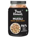 True Elements Muesli Fruit and Nuts 1kg Jar - With Real Fruits & Almonds | 100% Wholegrain Muesli with Oats, Almonds | Real Freeze-dried fruits, Not Candied | Breakfast Cereal | High Fibre & Nutrient-Rich blend - Fast UK Delivery