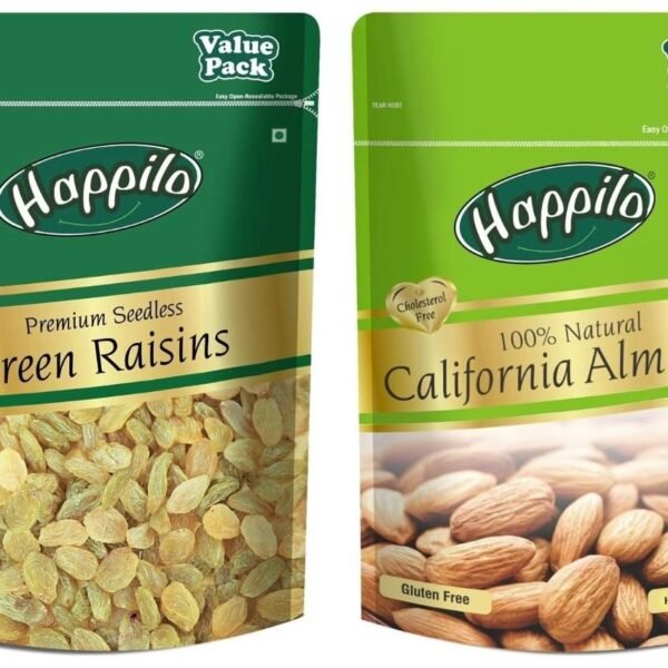 Happilo 100% Natural Premium California Dried Almonds 500g Pack Pouch & Happilo Premium Seedless Green Raisins 500g Value Pack | Kishmish | Nutritious| Rich in Iron & Vitamin B - Fast UK Delivery