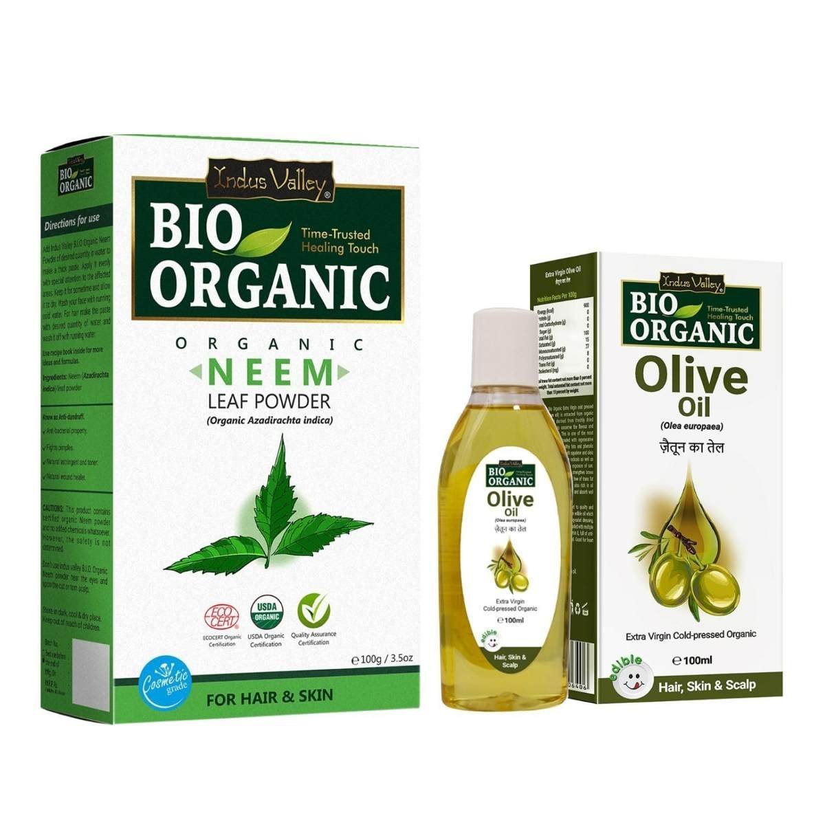uk71pUMubtzsL-1-1.jpg INDUS VALLEY Neem Leaf Powder | Organic Azadirachta indica 100% Pure, Organic and Natural With Extra Virgin Olive Oil For Skin & Hair Care & Massage (100g+ 100ml) - Fast UK Delivery - Image 1
