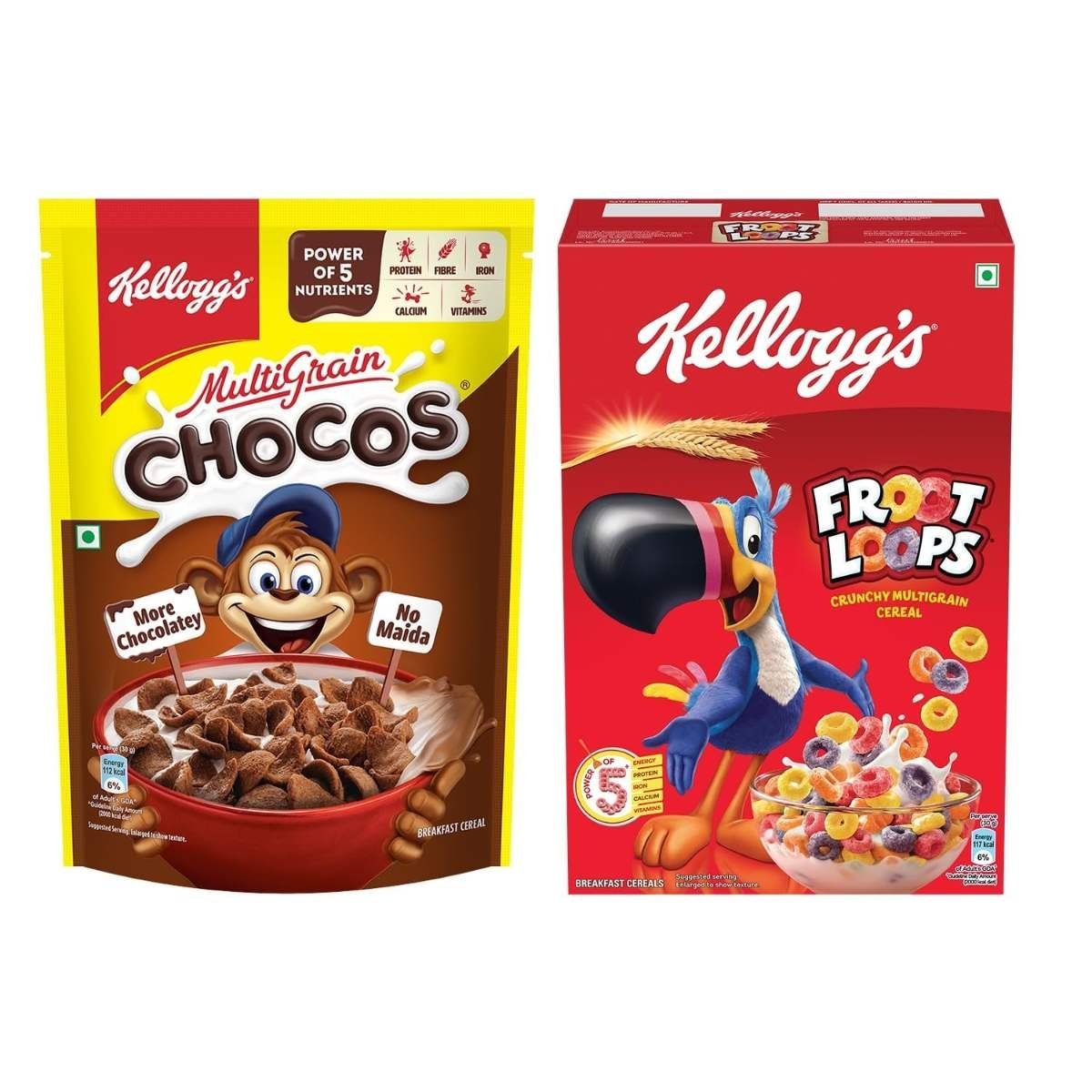 uk71q9sjLhntL-1-1.jpg Kellogg's Kid's Cereals Combo Pack | Kellogg's Froot Loops, Mixed Fruit Flavor 285g | Kellogg's Chocos Original 385g | High in Calcium & Protein | High in Iron | Breakfast Cereals | 670g - Fast UK Delivery - Image 1