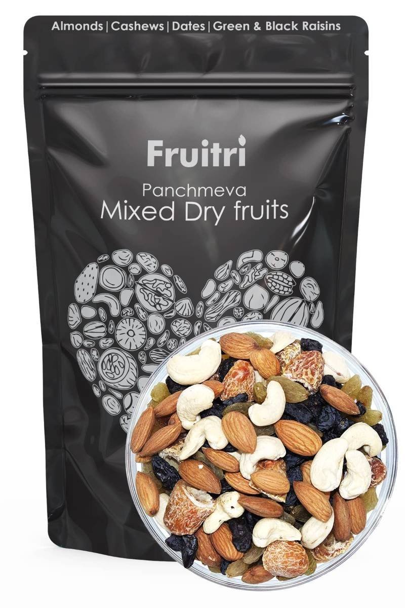 uk71qKDnjkTL-1.jpg Fruitri Panchmeva Mixed Dry Fruits 1 Kg-, Healthy Trail Mix dry fruits combo pack contains Almond, Cashew, Dates, Green and Black Raisins, Superfood Nuts and dry fruits - Fast UK Delivery - Image 1