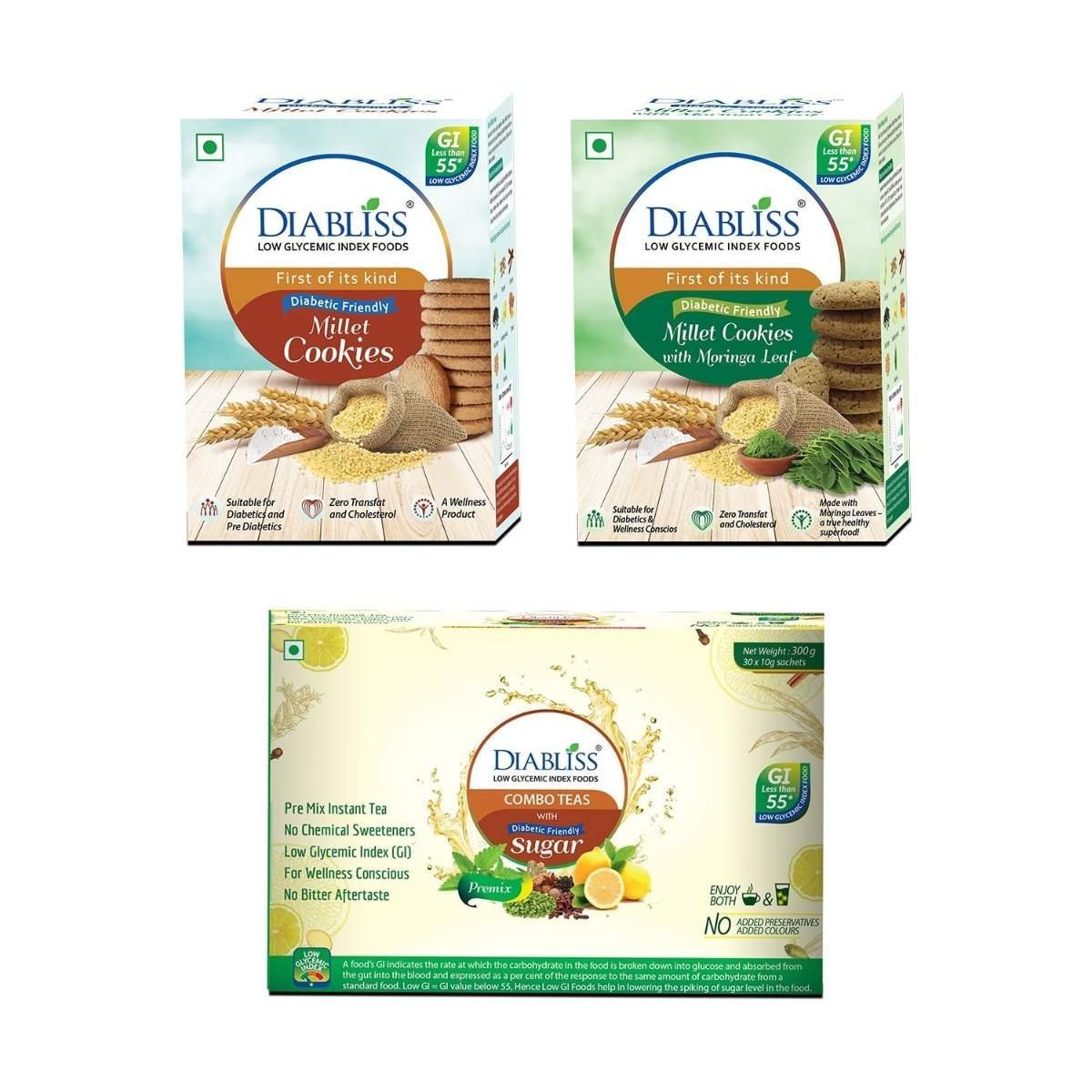 uk71qWBw96pxL-1-1.jpg Diabliss Tea Premixes & Cookies Combo - Lemon, Ginger, Masala Tea(30x10g Sachets), Moringa & Millet Cookie 120g Box - Low Glycemic Index (GI) Diabetic Friendly - Image 1