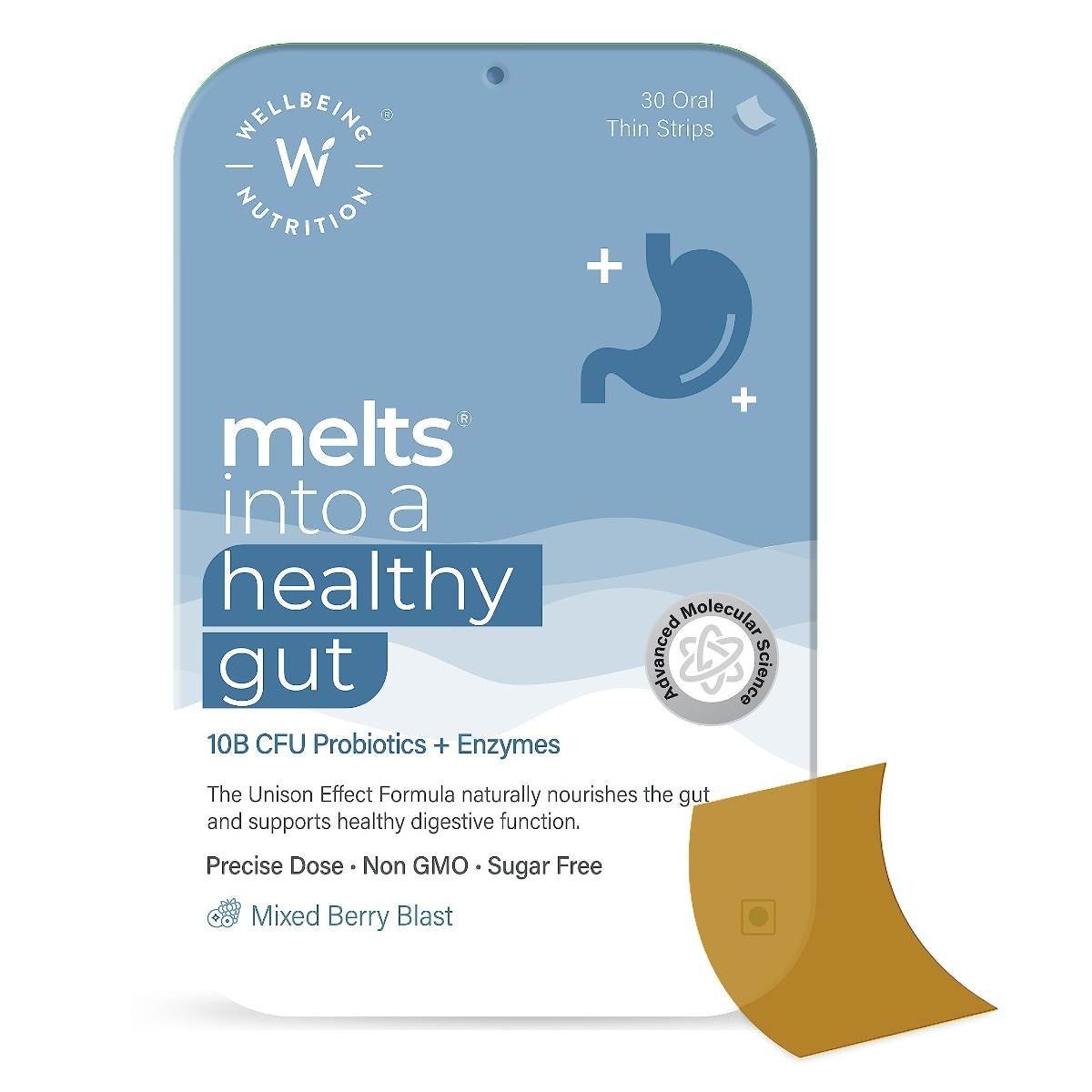 uk71rwpEKxHAL-1.jpg Wellbeing Nutrition Melts Healthy Gut | To Curb Indigestion, Gas, Acidity and Bloating, Gut Health Supplement with 10 Billion CFU Probiotics, Digestive Enzymes (30 Oral Strips) - Image 1