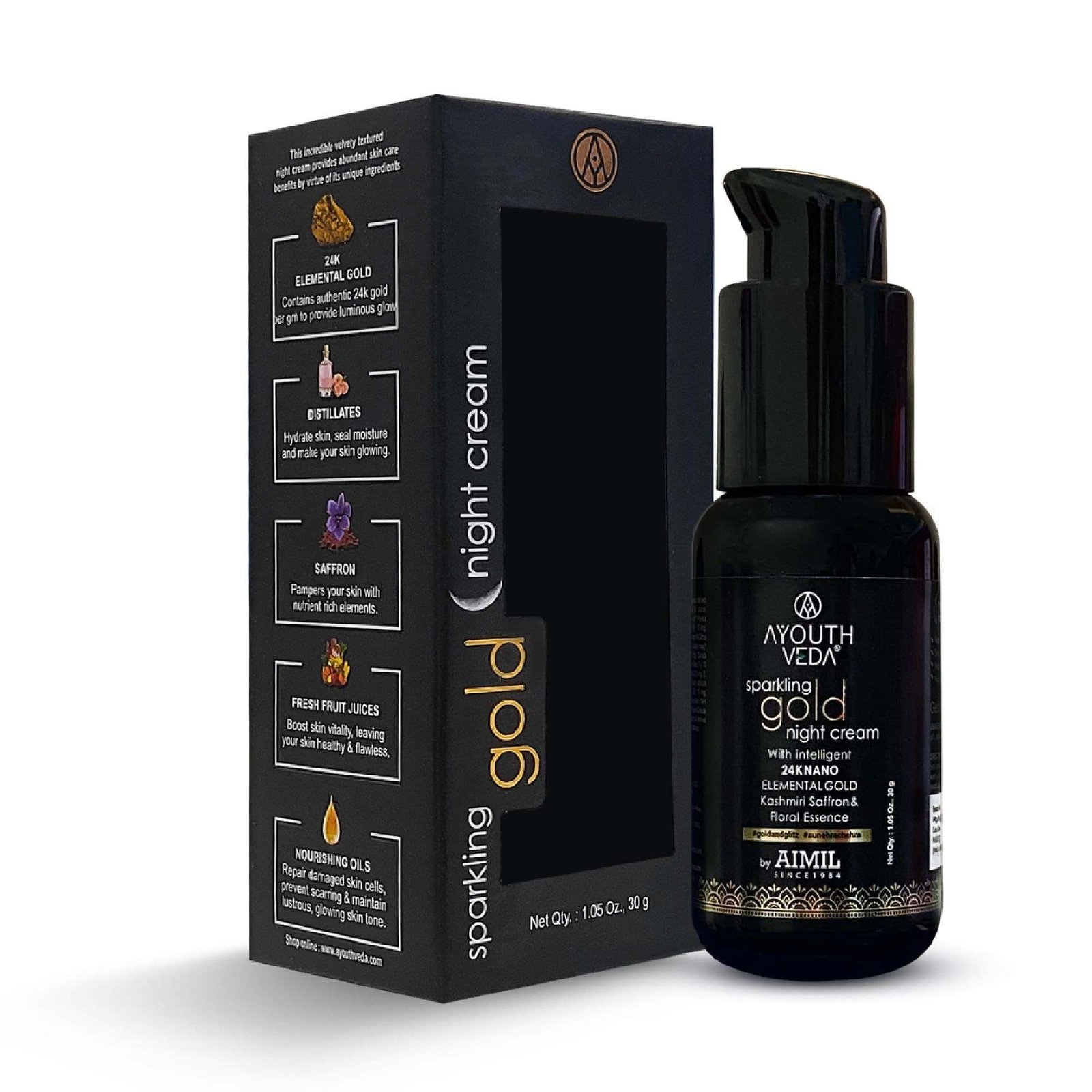 uk71s2fZGLnGL-1-1.jpg Ayouthveda Sparkling 24K Nano Elemental Gold Night Cream|Enriched with 24k Gold & Kashmiri Saffron|Reduces Fine Lines, Nourishes Skin, Improves Skin Firmness|(Pack of 1-30g) - Fast UK Delivery - Image 1