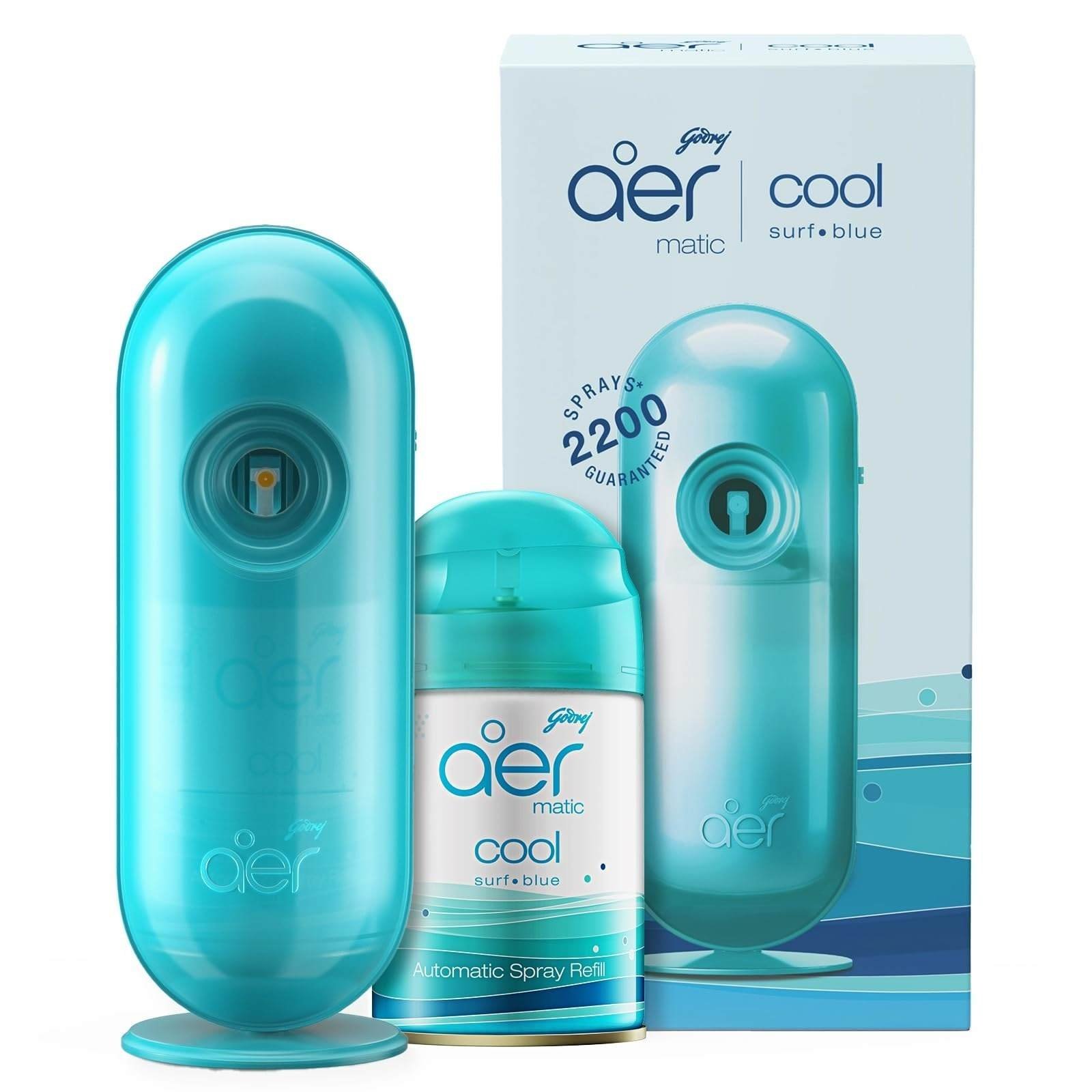 uk71u3vlKmSiL-1-1.jpg Godrej aer Matic Kit (Machine + 1 Refill) - Automatic Room Fresheners with Flexi Control Spray | Cool Surf Blue | 2200 Sprays Guaranteed | Lasts up to 60 days (225ml) - Fast UK Delivery - Image 1