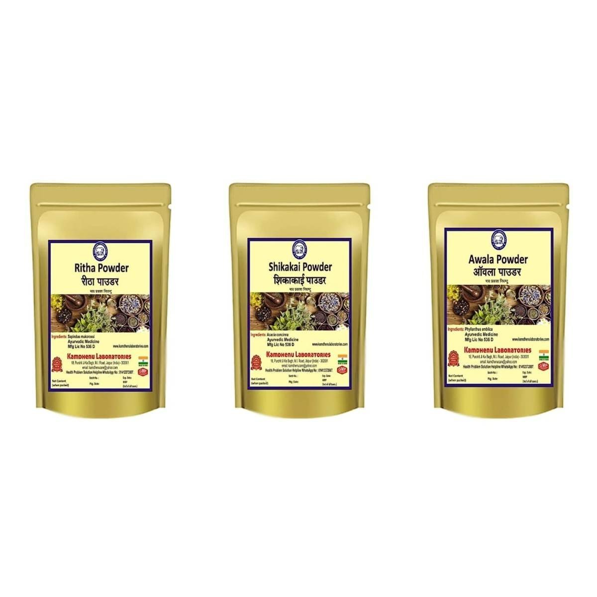 uk71vsOHOxnL-1.jpg Kamdhenu Laboratories Combo Pack of Awala Reetha Shikakai Powder (Pack of 3, 300gms) |Fine Powder of handpicked dried herbs | For healthy hair - Fast UK Delivery - Image 1