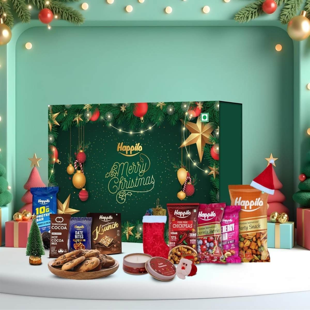 uk71x6gMOOcJL-1-1.jpg Happilo Christmas Gift Box Comet 350g, Festive Treats & Snacks, Tree, Stocking, Santa Hat, Candles, Party Snacks, Bar, Chickpeas, Date Bites, Hot Chocolate Mix - Fast UK Delivery - Image 1