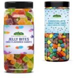Organic Bites Kids Favourite Comby of Colourful Jelly Bites & 100% Natural Stone Chocolate River Stone candy (Choco Rocks) Stone Candy 200 gm Each - Total 400 gm (Jar Pack) - Fast UK Delivery