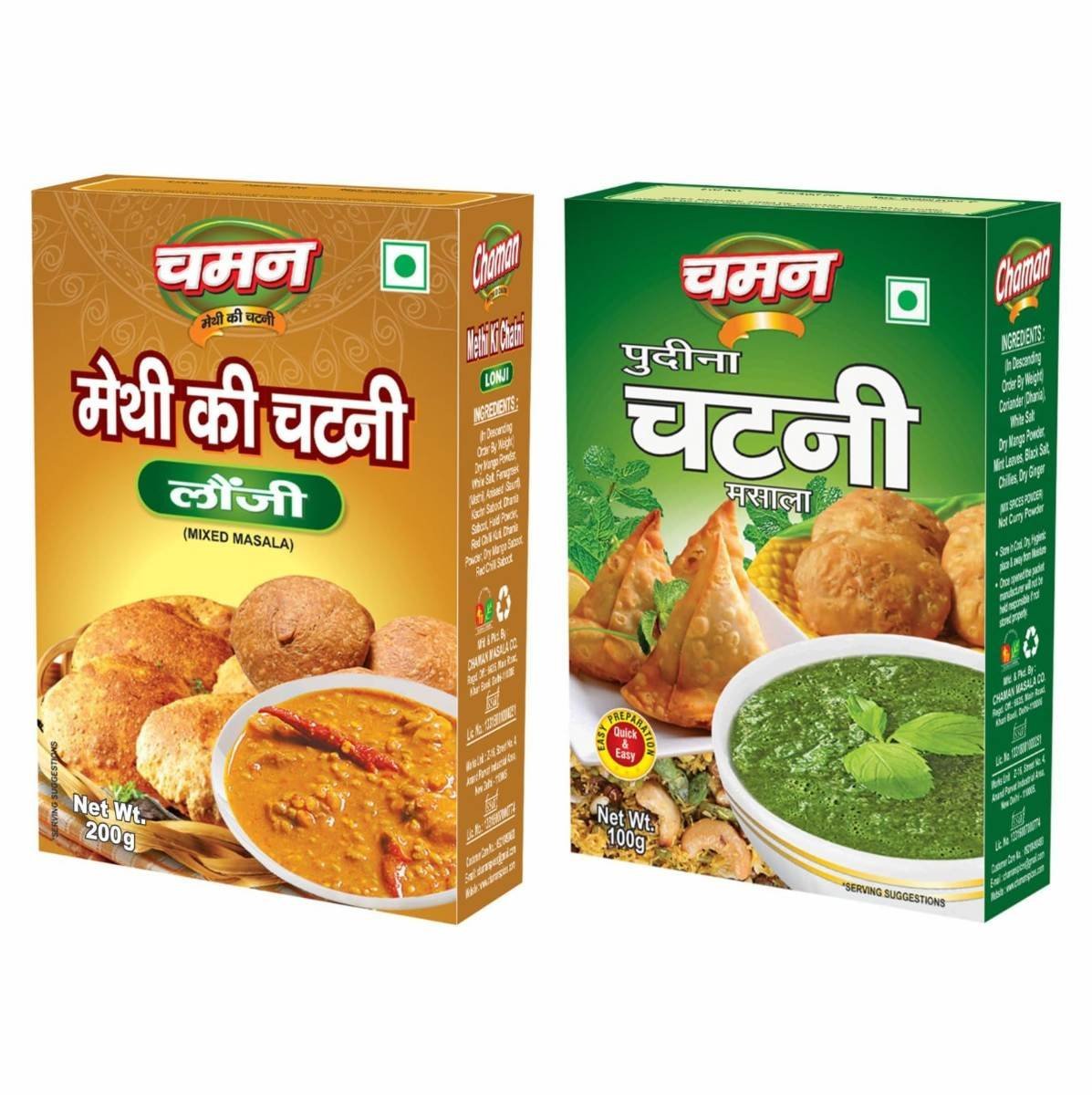 uk71xBGN0pArL-1.jpg Chaman Masala Combo Pack Of 2 (Methi Chutney Longi 200G & Pudina Chutney Masala Mix 100g) Tangy Methi Chutney & Refreshing Pudhina Chutney | Authentic Indian Flavors for Snacks & Meals | Minty Freshness in Every Bite - Fast UK Delivery - Image 1