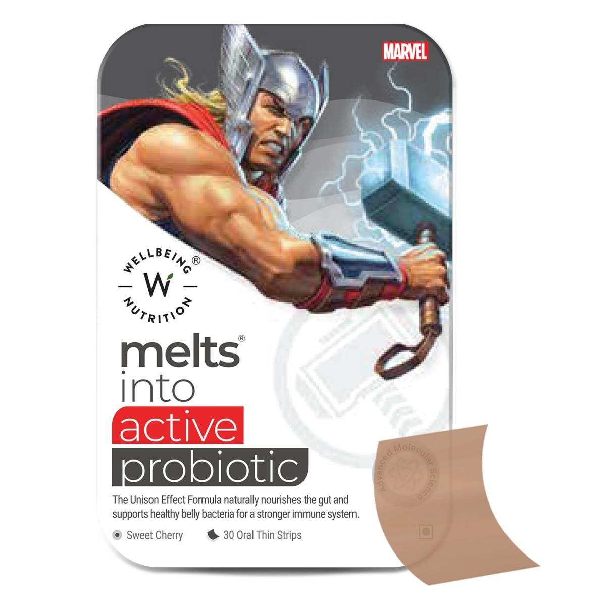 uk71xORv4rfVL-1.jpg Wellbeing Nutrition Marvel Thor Melts | Active Probiotics & Prebiotics for Kids (6+) to Improve Digestion, Immunity & Gut Health | Kids Health Supplement | Sweet Cherry Flavor (30 Oral Strips) - Fast UK Delivery - Image 1