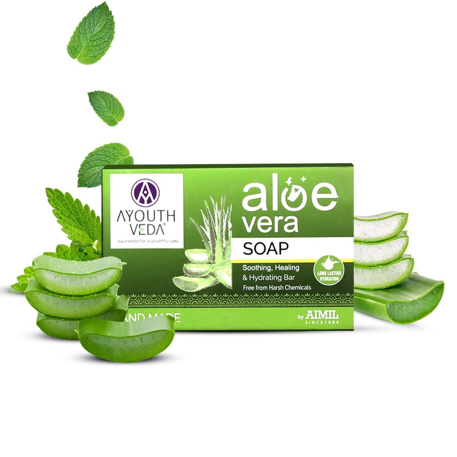 uk71y-QbxlL9L-1-1.jpg Ayouthveda Aloe Vera Bathing Soap | Enriched with Aloe Vera Extract For Glowing skin | Smoothing, Healing & Hydrating Bar | Handmade Soap Without Harsh Chemicals 100g (Pack-2) - Fast UK Delivery - Image 1