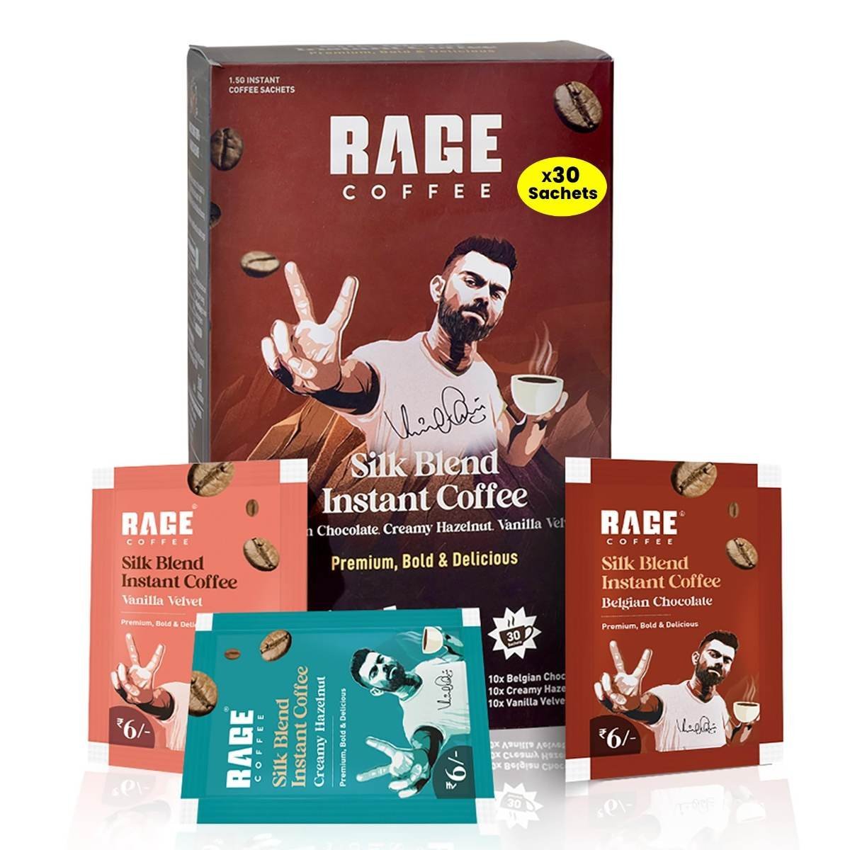 uk71yJbqasXcL-1.jpg Rage Coffee Silk Blend Assorted Coffee Sachets | Pack of 30 | Rich & Bold Instant Coffee Flavour Coffee | Vanilla Velvet, Belgian Chocolate, Creamy Hazelnut | Premium Bold & Smooth (10 Sachets Each Flavour) (Silk Blend Assorted) - Fast UK Delivery - Image 1