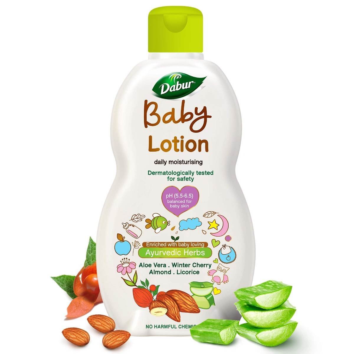 uk71zFUdBjcLL.jpg Dabur Baby Lotion: pH 5.5 Balanced for baby skin | No Harmful Chemicals | Contains Aloe Vera, Licorice and Almonds | Hypoallergenic and Dermatologically Tested | No Paraben and Phthalates - 200 ml - Fast UK Delivery - Image 1
