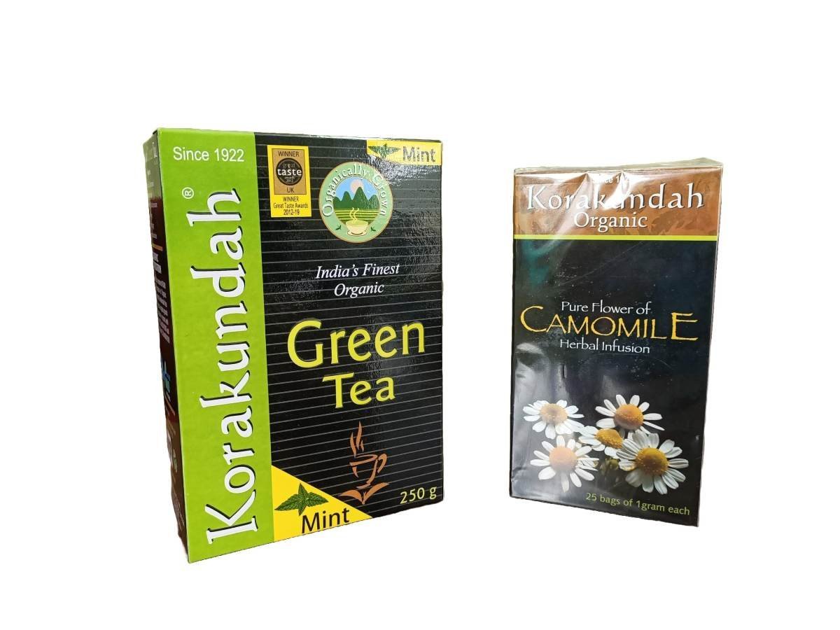 uk71zhr8bGNjL-1.jpg KORAKUNDAH Organic Green Tea (Mint) 250 g | KORAKUNDAH Camomile Herbal Infusion 25 Dip Bags | Pack of 2 | Total 300g | India's Finest Chamraj Nilgiri Tea - Fast UK Delivery - Image 1