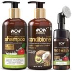 WOW Skin Science Apple Cider Vinegar Shampoo with WOW Skin Science Coconut & Avocado Hair Conditioner & WOW Skin Science Apple Cider Vinegar Face Wash with in-built brush Kit - Fast UK Delivery