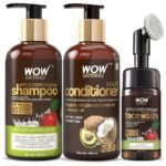 WOW Skin Science Apple Cider Vinegar Shampoo with WOW Skin Science Coconut & Avocado Hair Conditioner & WOW Skin Science Apple Cider Vinegar Face Wash with in-built brush Kit - Fast UK Delivery