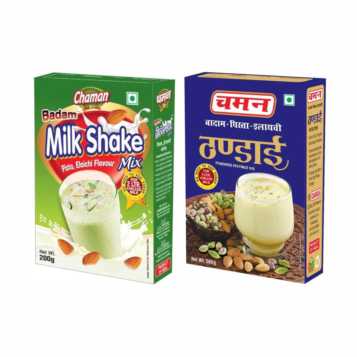 uk8135xvG4mLL-1.jpg Chaman Badam Milkshake 200g & Thandai Powder Mix 500g | Delicious & Nutritious Indian Beverage Mix | Easy-to-Make Refreshing Drinks (Pack of 2, Thandai and badam Milkshake) - Fast UK Delivery - Image 1