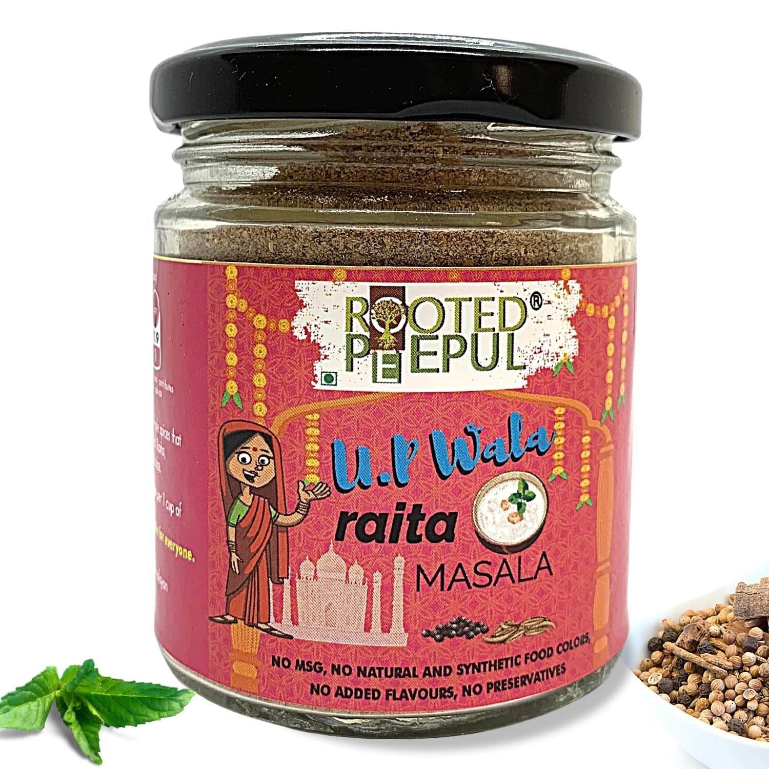 uk81A3S4MnrmL-1-1.jpg Rooted Peepul - Organic Raita Masala Powder An Authentic Recipe From Uttar Pradesh - Tasty Blend of Organic Premium Spices - No MSG, No Preservatives, No Artificial Colour or Flavour - 100g - Fast UK Delivery - Image 1