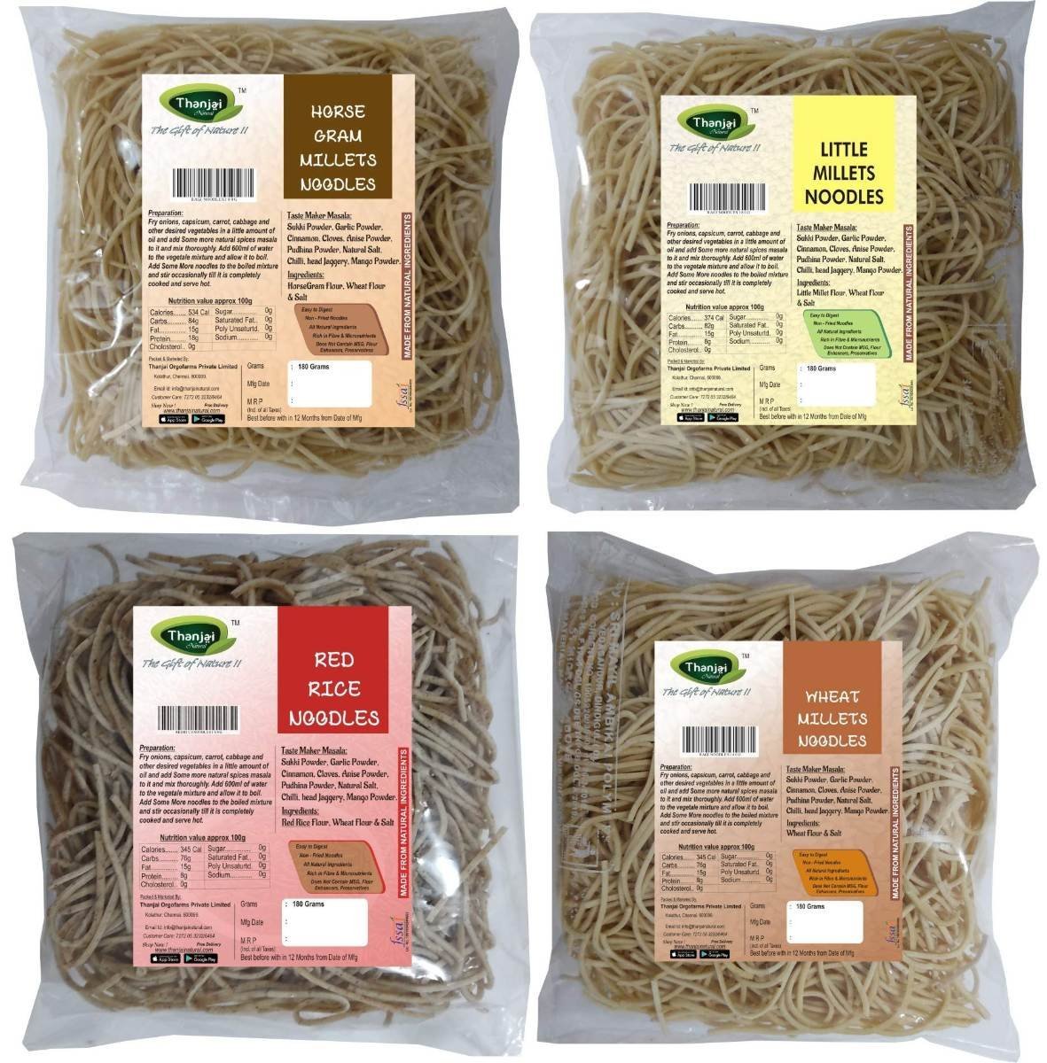 uk81AyvUUr2L-1.jpg Thanjai Natural Millet Noodles 180 Grams X 4 Varities (720 G) Of Homemade Natural Horsegram|Red Rice|Little & Wheat Millets Noodles(No Preservatives, No Chemicals, No Artificial Extract) - Vegetarian - Fast UK Delivery - Image 1