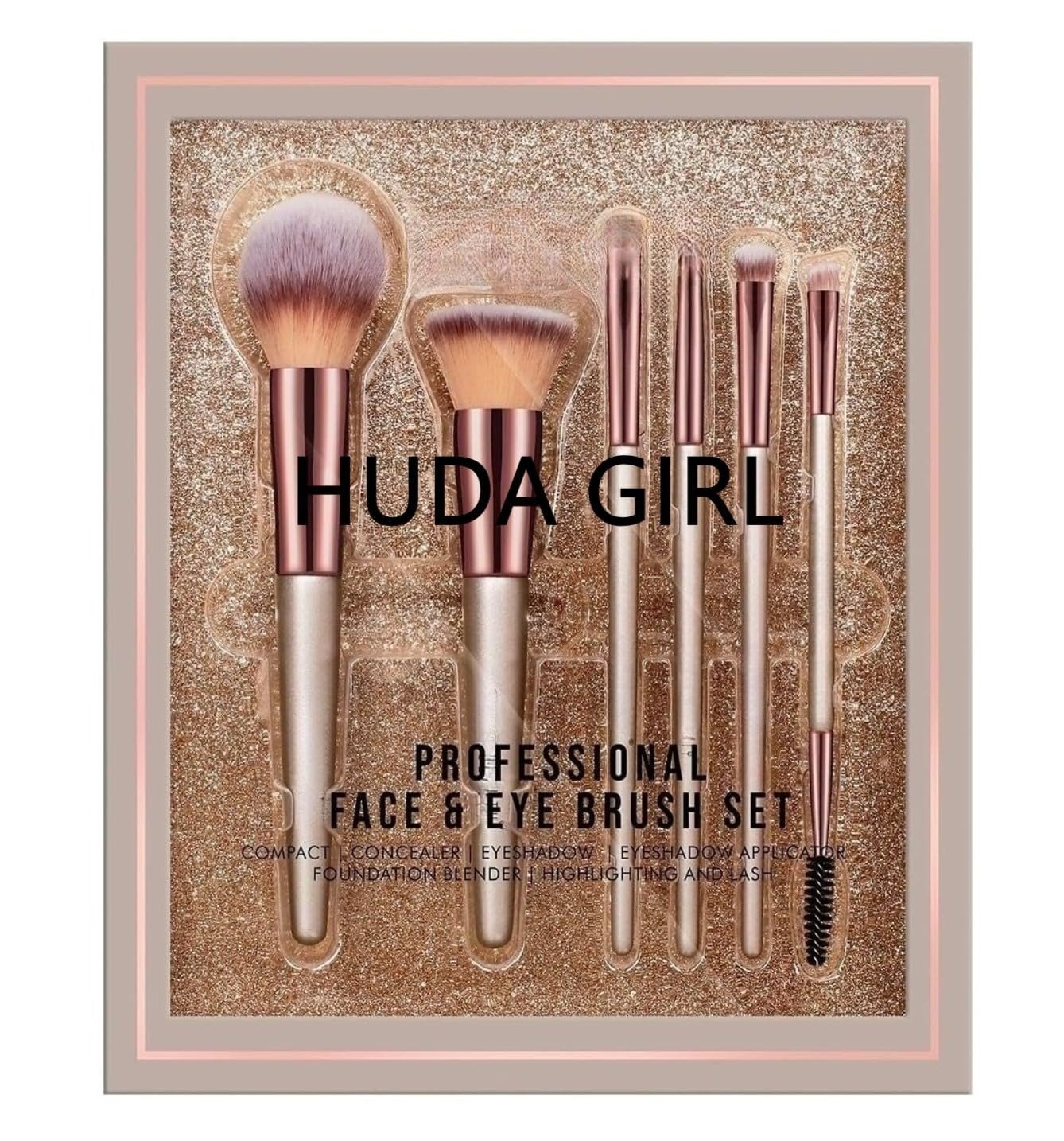 uk81DWLBGfhzL-1-1.jpg Huda Girl Premium Makeup Brush Set, Professional Beauty Makeup Brushes for Eye & Face (Pack of 6) - Fast UK Delivery - Image 1