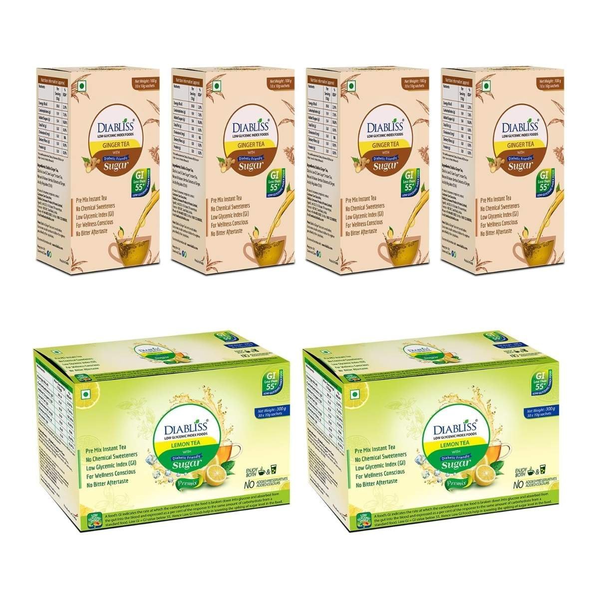 uk81HN7X3bDtL-1-1.jpg Diabliss Ginger Tea 10 x 10g Sachets pack of 4 & Lemon Tea 30 x 10g Sachets pack of 2 Combo Pack - Low Glycemix Index (GI) Diabetic Friendly - Image 1