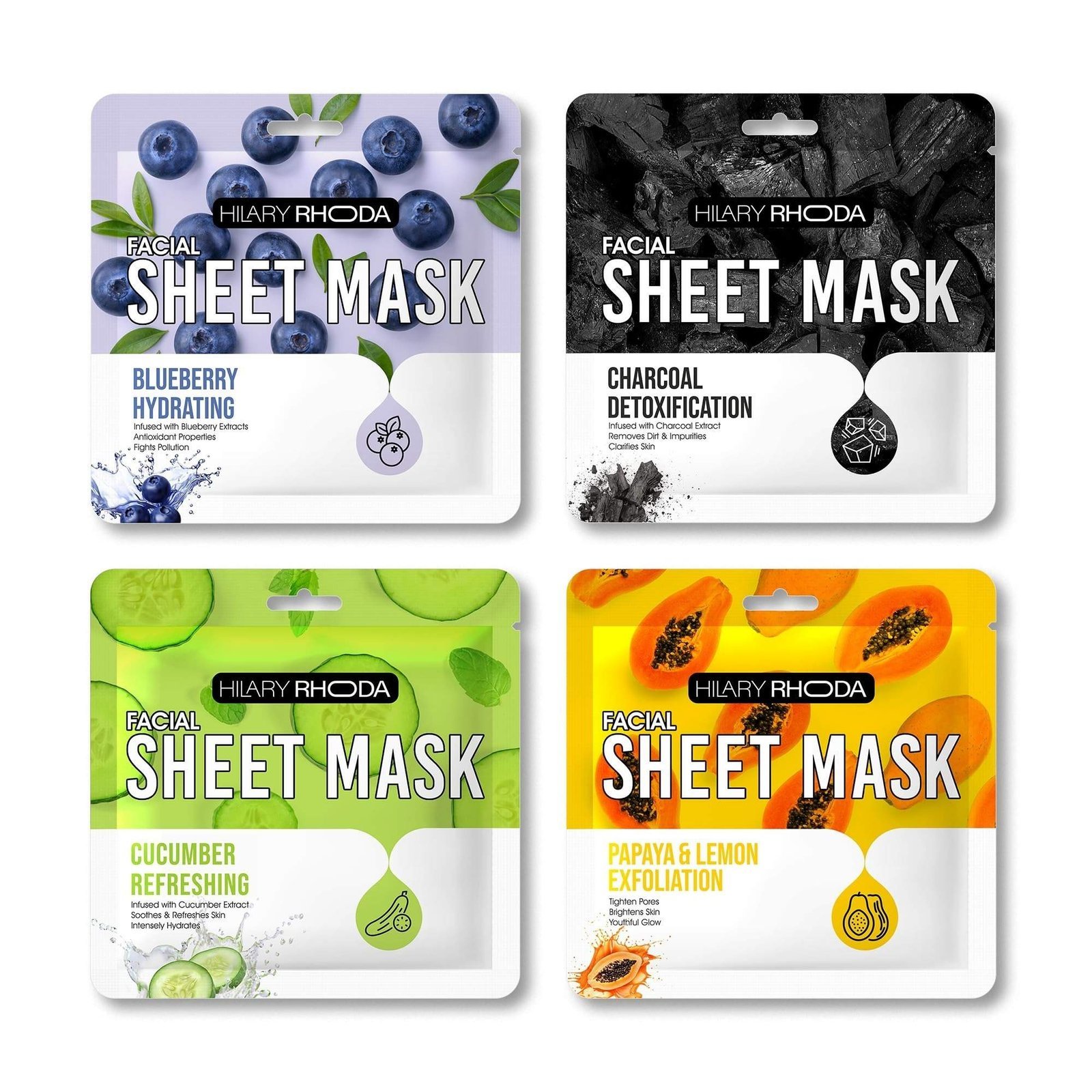 uk81IVwHdQJL-1.jpg Hilary Rhoda Facial Sheet Mask | Hydrate, Detox, Brighten & Exfoliate | 4 Unique Masks for All Skin Needs | Suitable For All Skin Types | 20 Gm X 4U | Pack of 4 - Fast UK Delivery - Image 1