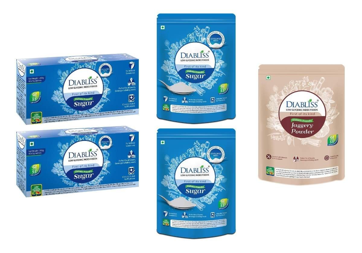 uk81JKHWD61mL-1-1.jpg Diabliss Sugar 40 x 5g Sachet Box Pack of 2, Sugar 500g Pouch Pack of 2 & Jaggery 500g Standy Combo Pack - Low Glycemic Index Diabetic Friendly - Image 1