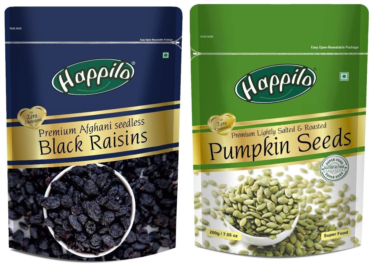 uk81JR3kYay4L-1-1.jpg Happilo Premium Afghani Seedless Black Raisins, 250 Gram & Premium Roasted Pumpkin Seeds For Eating 200 Gram, Lightly Salted For Healthy Diet, Immunity Booster And Fiber Rich Superfood, Fresh - Fast UK Delivery - Image 1