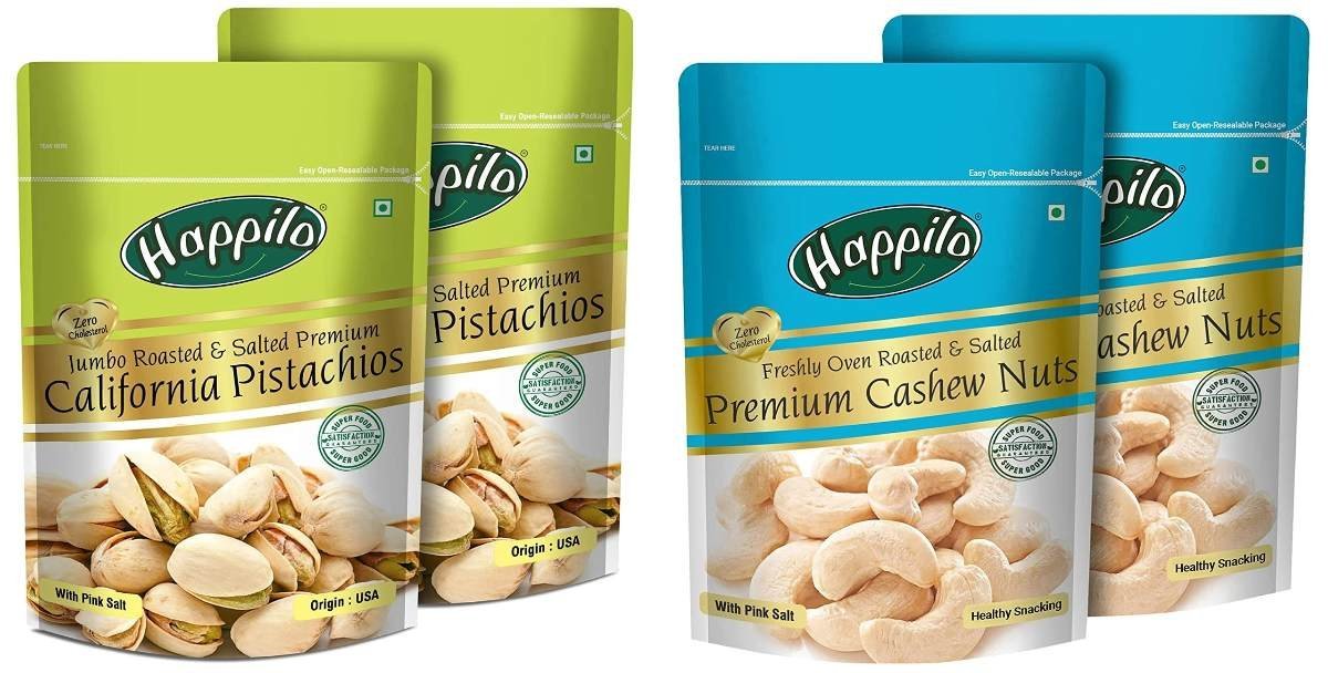 uk81KyVQfKGpL-1-1.jpg Happilo Premium Californian Roasted and Salted Pistachios, 200g (Pack of 2) & Premium Roasted and Salted Cashews, 200g (Pack of 2) - Fast UK Delivery - Image 1