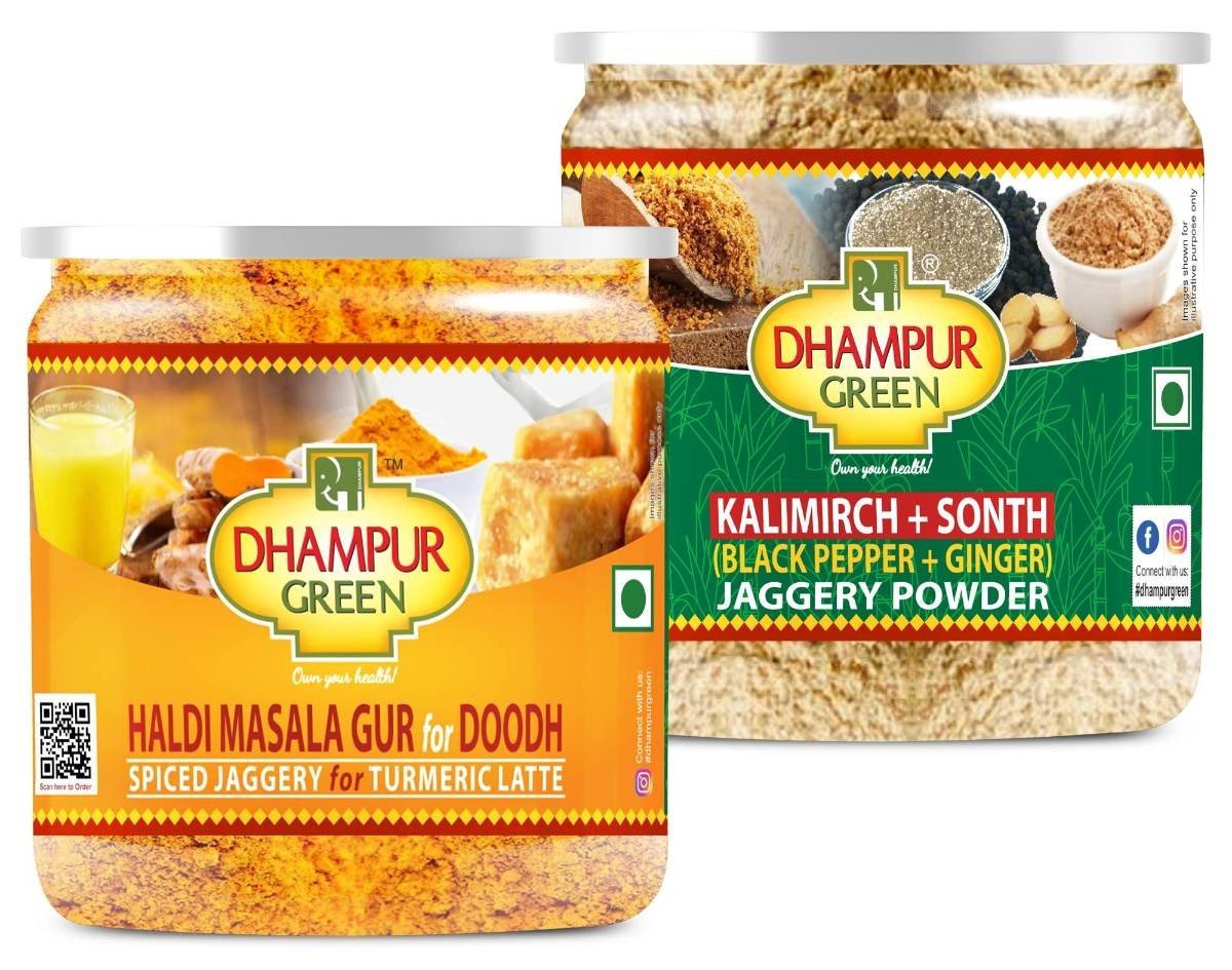 uk81L9GAbQLYL.jpg Dhampure Speciality Spiced Jaggery With Black Pepper & Ginger (Kali Mirch Sonth Ka Masala Gur) And Turmaric Latte Combo, 550G - Fast UK Delivery - Image 1