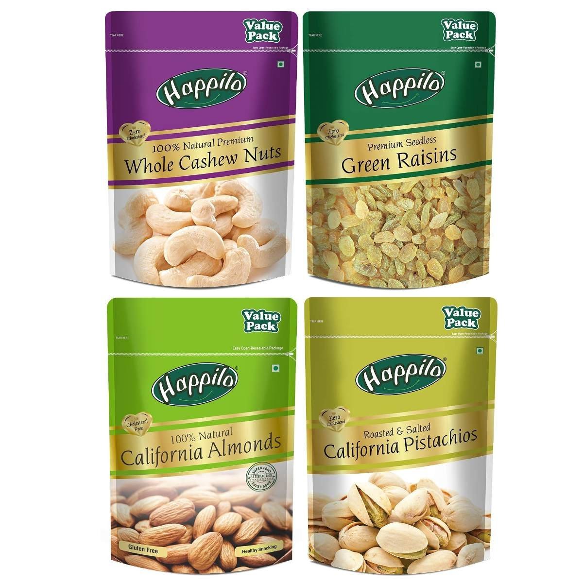 uk81LXolCIjxL-1-1.jpg Happilo Premium Super Value Combo - Californian Almonds, Pistachios, Whole Cashews, Green Raisins Pouch, 500 g, Pack of 4 - Fast UK Delivery - Image 1