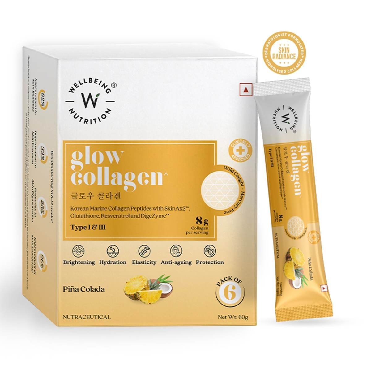 uk81MczUsKXcL-1.jpg Wellbeing Nutrition Glow Korean Marine Collagen | Clinically Proven Type 1 & 3 Peptides, SkinAX, Glutathione, Resveratrol | Pinacolada - 6 Sachets - Image 1