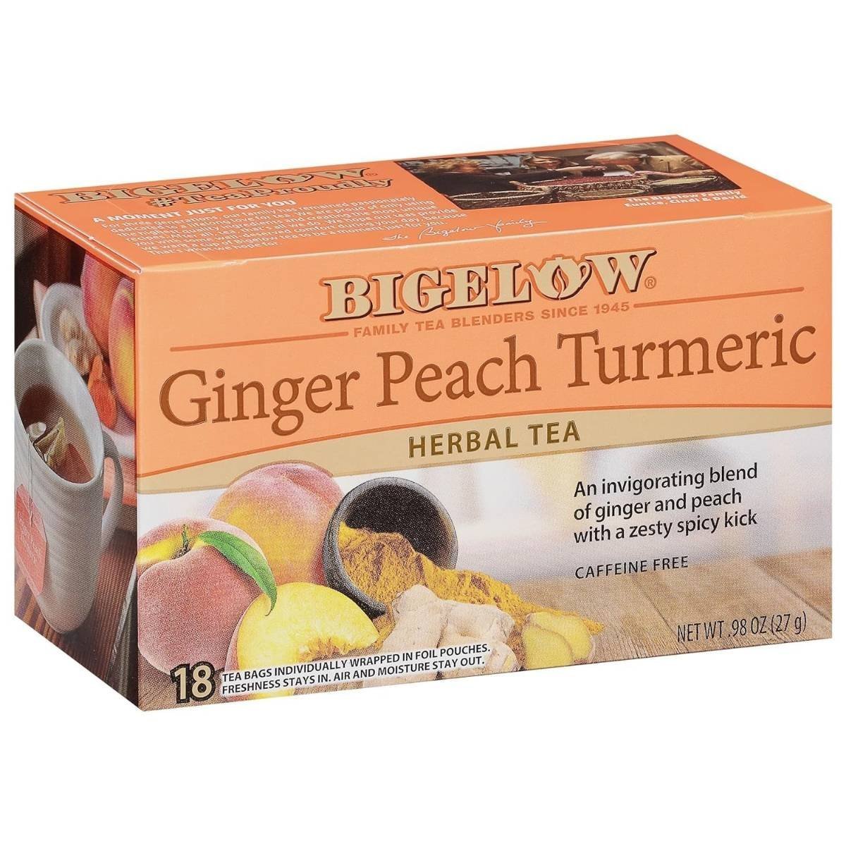 uk81OL8ywVl7L-1-1.jpg Bigelow Tea Ginger Peach Turmeric Herbal Tea Freshness & Aroma Caffeine Free 20 Tea Bags Net Wt 0.98oz (27gm) - Fast UK Delivery - Image 1