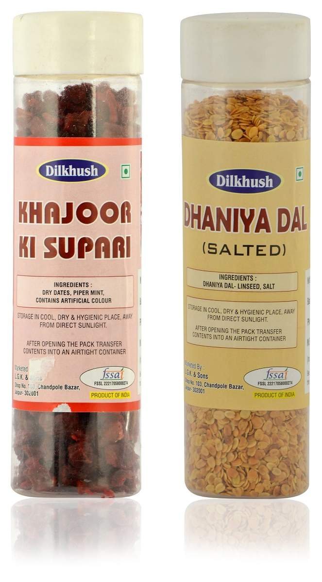 uk81P7JH6h17L-1-1.jpg Dilkhush Khajoor Ki Supari and Dhaniya Dal, 250 g (Combo of 2) - Fast UK Delivery - Image 1