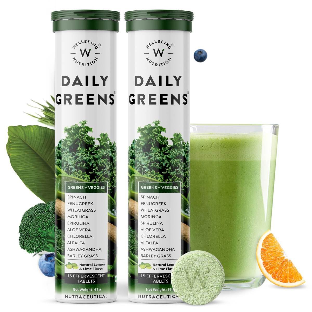 uk81PWSbgbf9L-1.jpg Wellbeing Nutrition Daily Greens | Wholefood Multivitamins with Vitamin C, Zinc, B6 for Immunity & Detox with Organic Certified Plant Superfoods & Antioxidants (15 Effervescent Tablets) Pack of 2 - Image 1