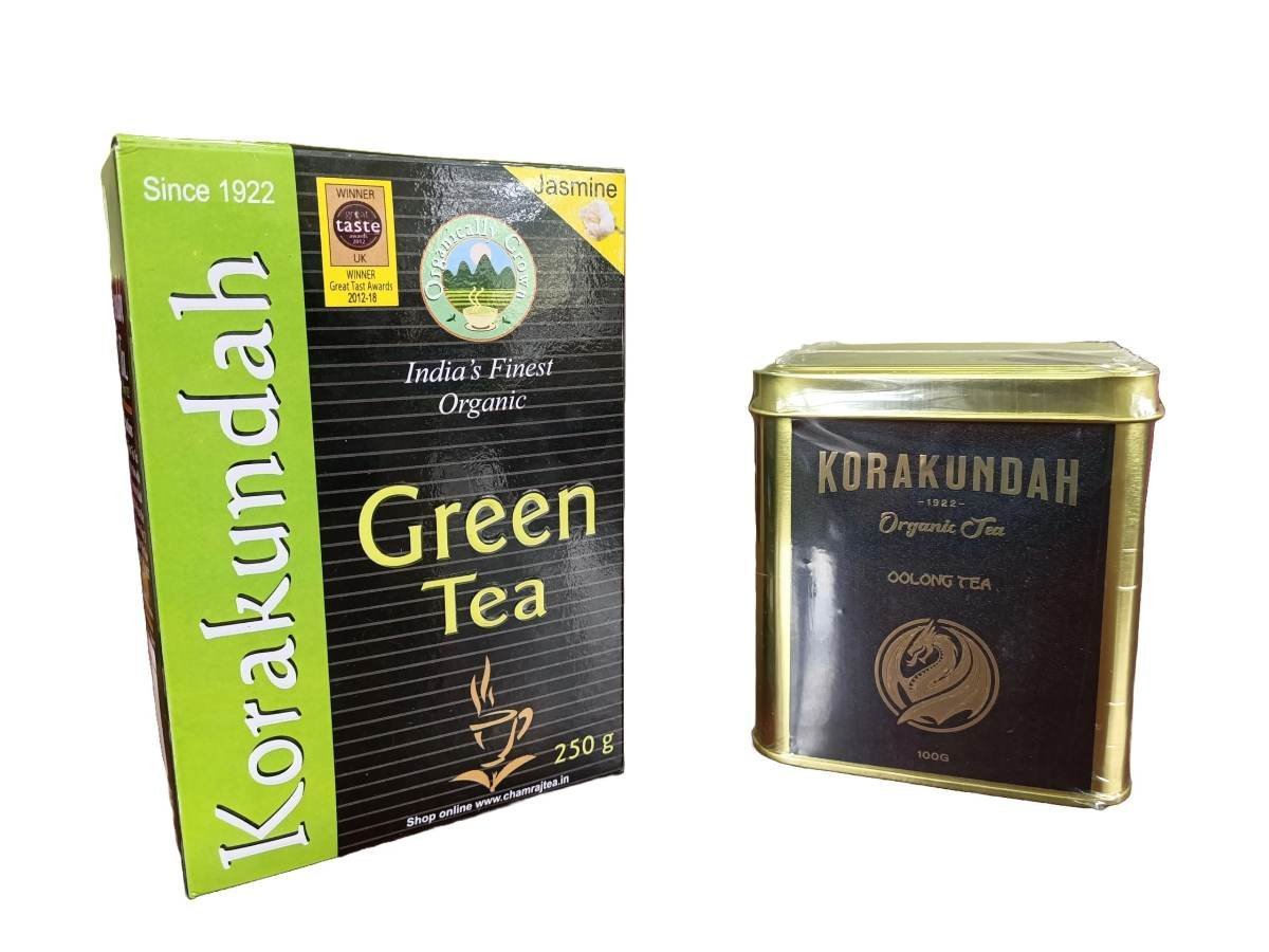 uk81QZa2mRiNL-1.jpg KORAKUNDAH Organic Green Tea (Jasmine) 250 g | KORAKUNDAH Oolong Organic Tea 100 g | Pack of 2 | Total 350g | India's Finest Chamraj Nilgiri Tea - Fast UK Delivery - Image 1