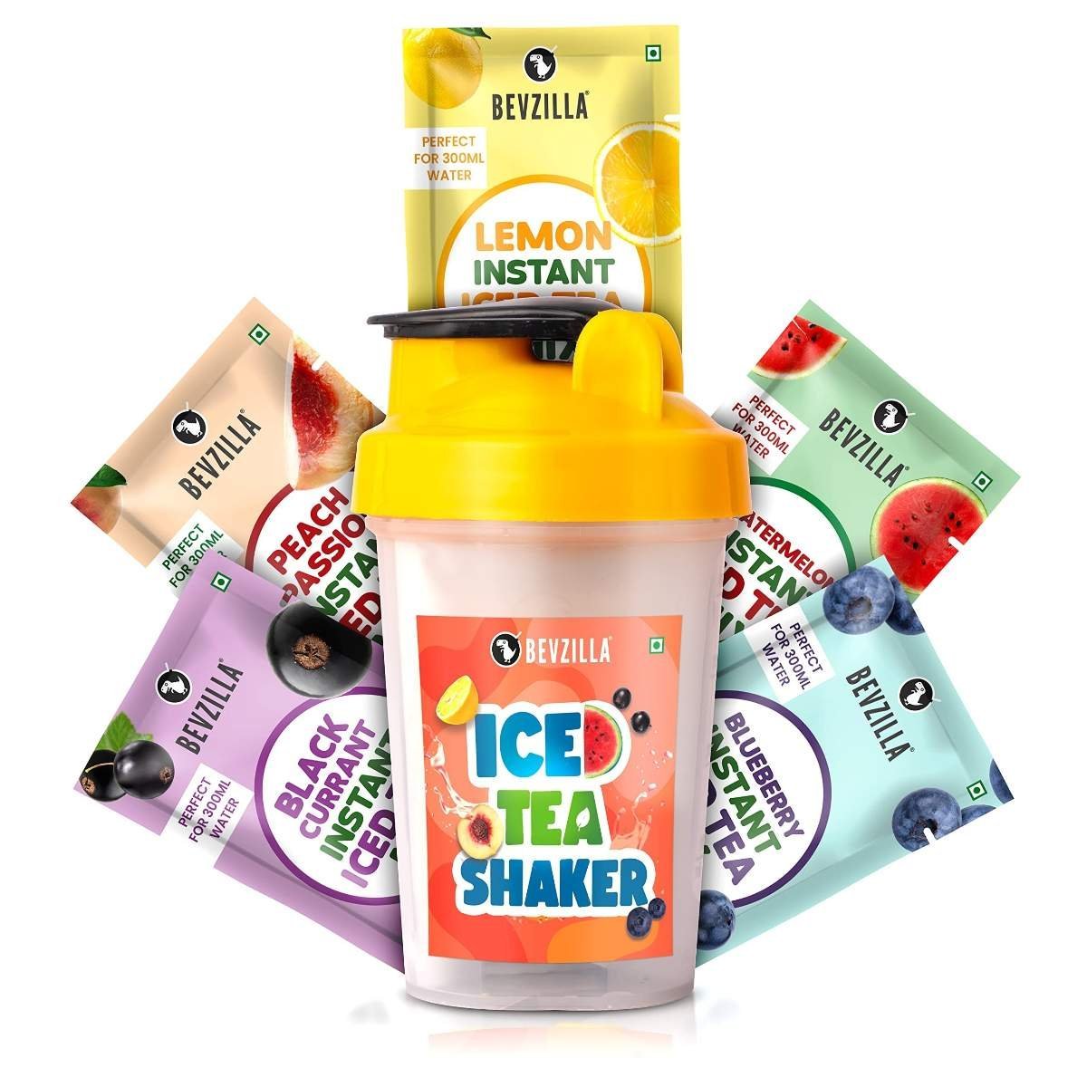 uk81Ru206IoyL-1-1.jpg Bevzilla Instant Ice Tea & Bottle Pack With 5 Flavoured Sachets| Black Currant, Watermelon, Blueberry, Peach Passion & Lemon | Leak Proof - Fast UK Delivery - Image 1