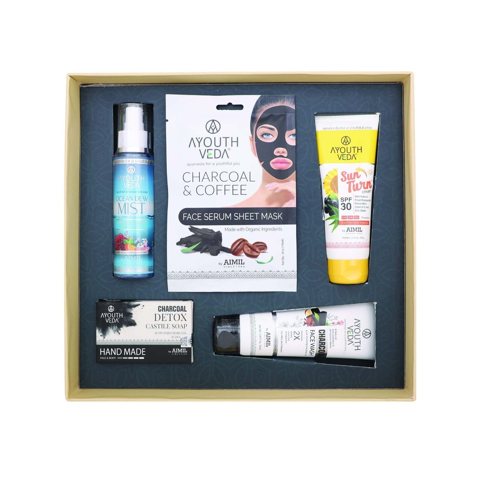 uk81U4a2lN94L-1-1.jpg AYOUTHVEDA Anti Pollution & Detoxifying Luxury| Charcoal & Coffee Face Serum Sheet Mask,Charcoal Face Wash,Charcoal Castile Soap, Sun Turn Spf 30 Sunscreen & Ocean Dew Mist|Valentine Day Gift (Pack Of 5) - Fast UK Delivery - Image 1