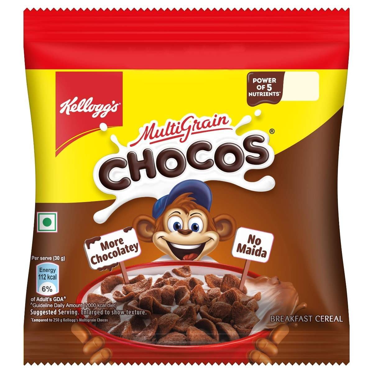 uk81YRKoHM5bL-1-1.jpg Kellogg's Chocos, with Protein & Fibre of 1 Roti* in Each Bowl**, High in Calcium & Protein, with 10 Essential Vitamins & Minerals, Breakfast Cereals, 52g Pack - Fast UK Delivery - Image 1