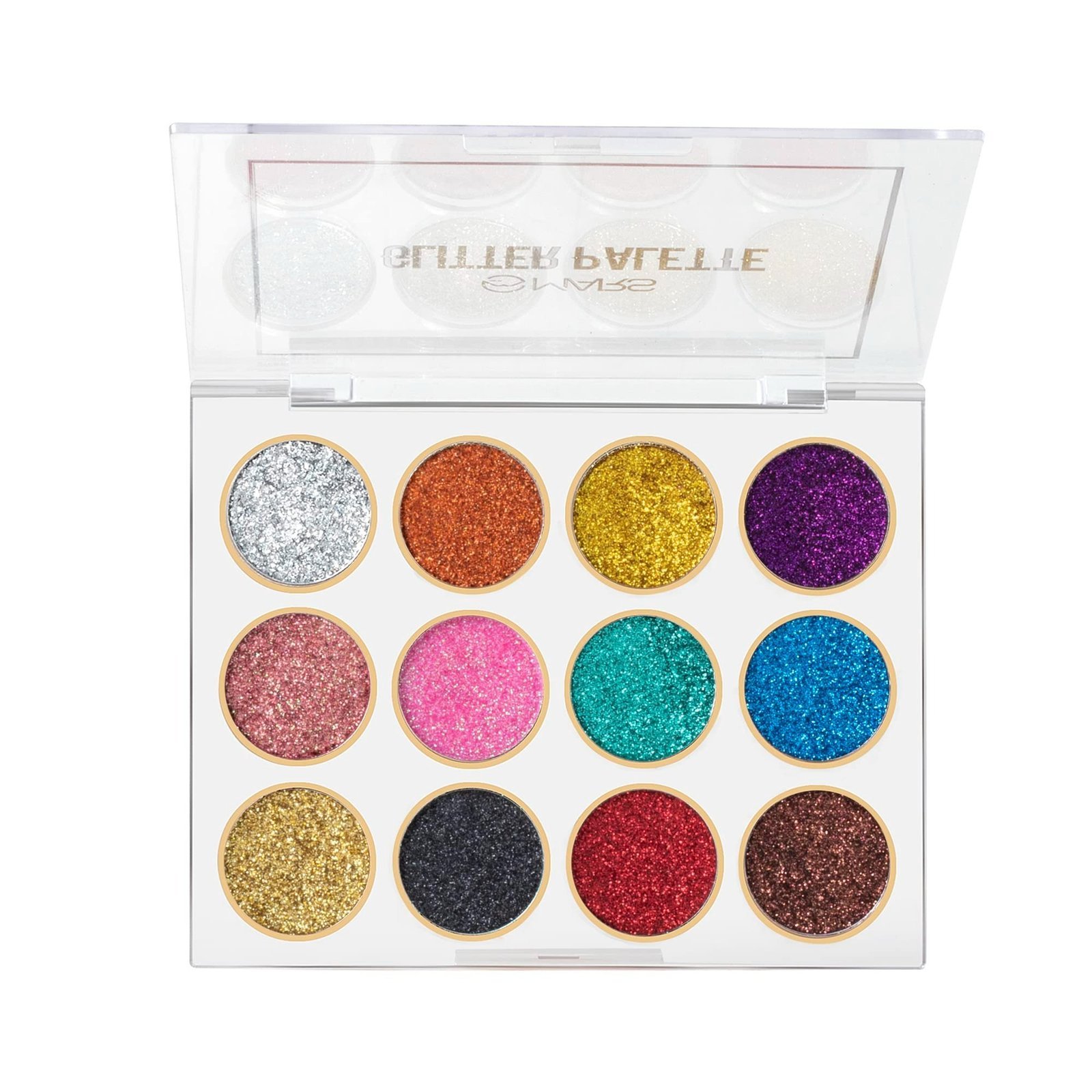 uk81aMzVRv8wL-1-1.jpg MARS 12 Shade Ultra Pigmented Glitter High Shine Shimmery Eyeshadow Palette 12 g (Shade-01) | Long wearing and Easily Blendable Eye makeup Palette (Multicolor) - Fast UK Delivery - Image 1