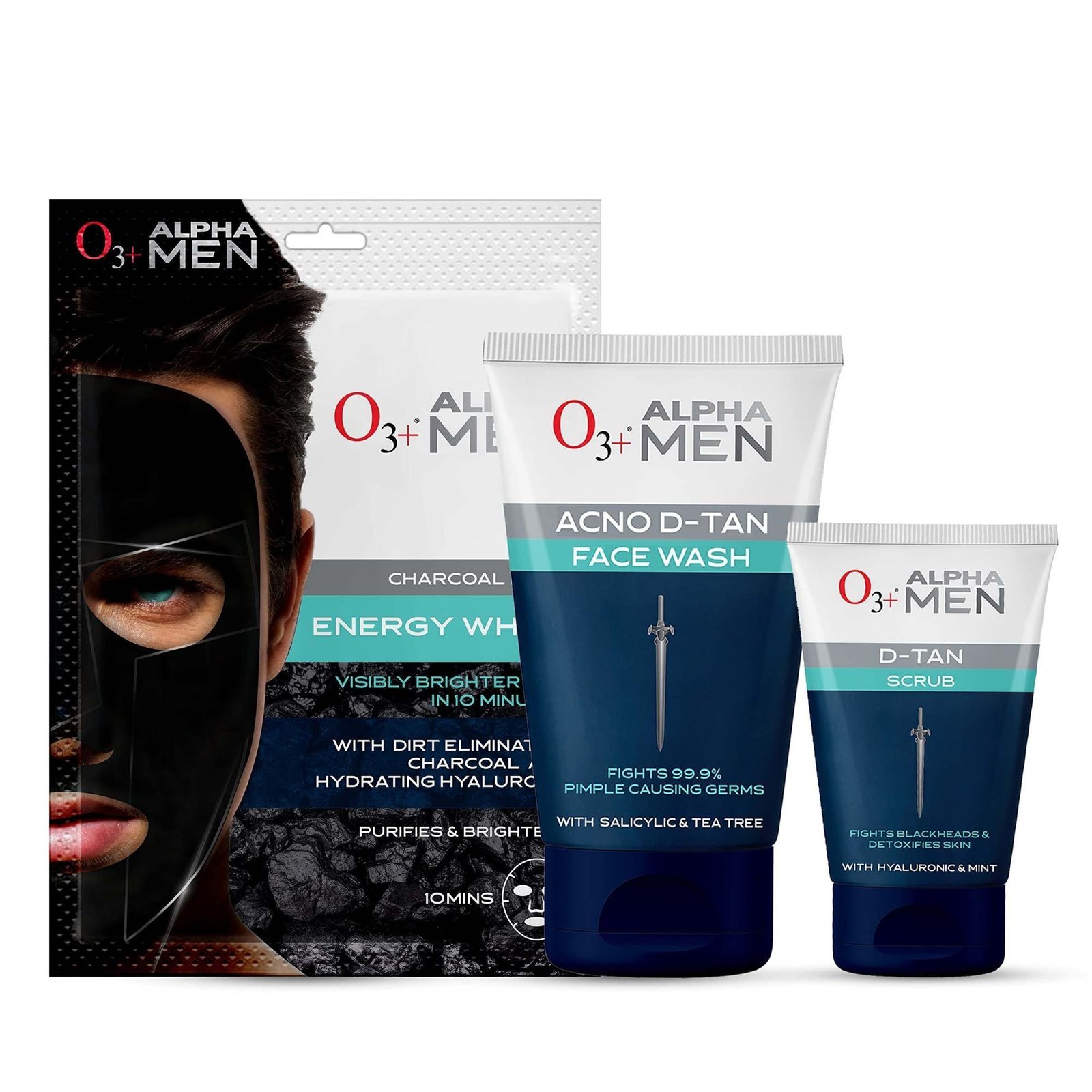 uk81b11bllZ5L-1-1.jpg O3+ ALPHA MEN Acno D-TAN Kit (Scrub 50g + Charcoal Face Sheet Mask 30g + Face Wash 100g) for Instant Tan Removal | All Skin Types - Fast UK Delivery - Image 1