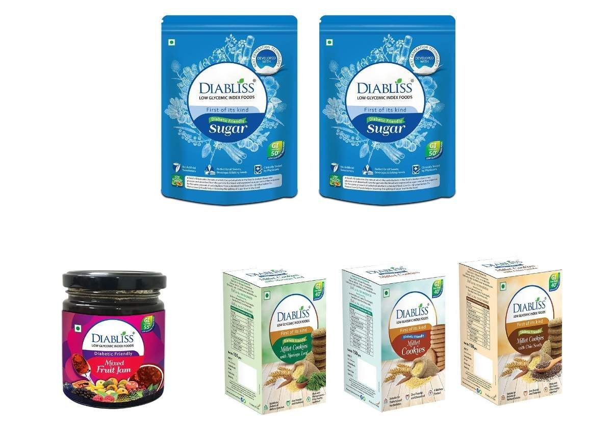 uk81bc6rG8UaL-1-1.jpg Diabliss Diabetic Friendly Sugar 500g Pouch pack of 2, Mixed Fruit Jam 225g Bottle & Millet, Chia Seeds & Moringa Leaf Cookies Combo Pack - Low Glycemix Index(GI) Diabetic Friendly - Image 1