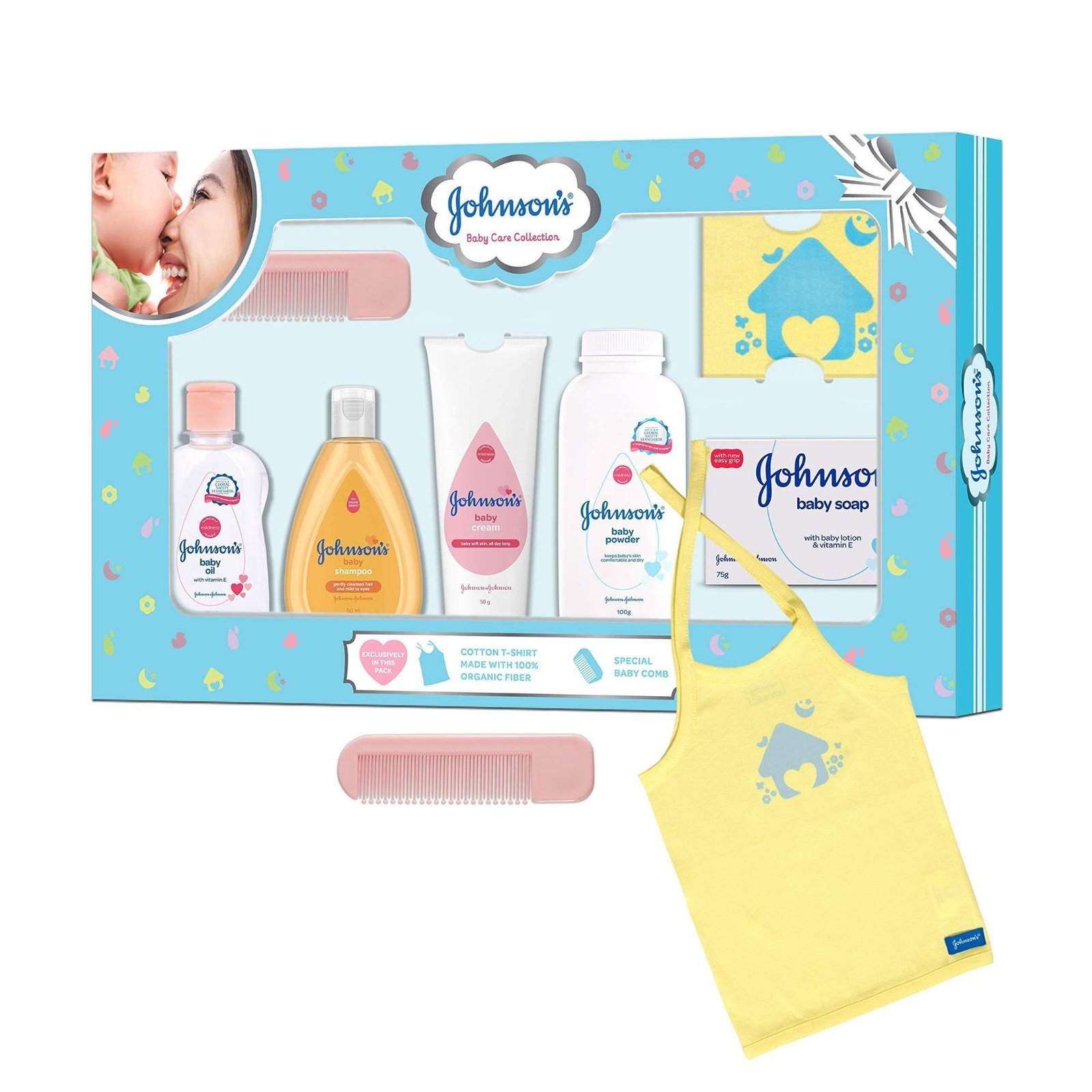 uk81eq30Sv6HL-1-1.jpg Johnson's Baby Care Collection with Organic Cotton Baby Tshirt (7 Gift Items, Blue) - Fast UK Delivery - Image 1