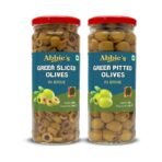 Abbie's Green Sliced Olives + Green Pitted Olives 450g, Pack of 1 each, For Authentic Taste in Cooking, Snacking, Pizzas toppings or Italian Pastas Ingredient - Fast UK Delivery