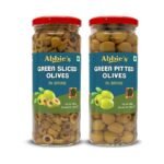 Abbie's Green Sliced Olives + Green Pitted Olives 450g, Pack of 1 each, For Authentic Taste in Cooking, Snacking, Pizzas toppings or Italian Pastas Ingredient - Fast UK Delivery